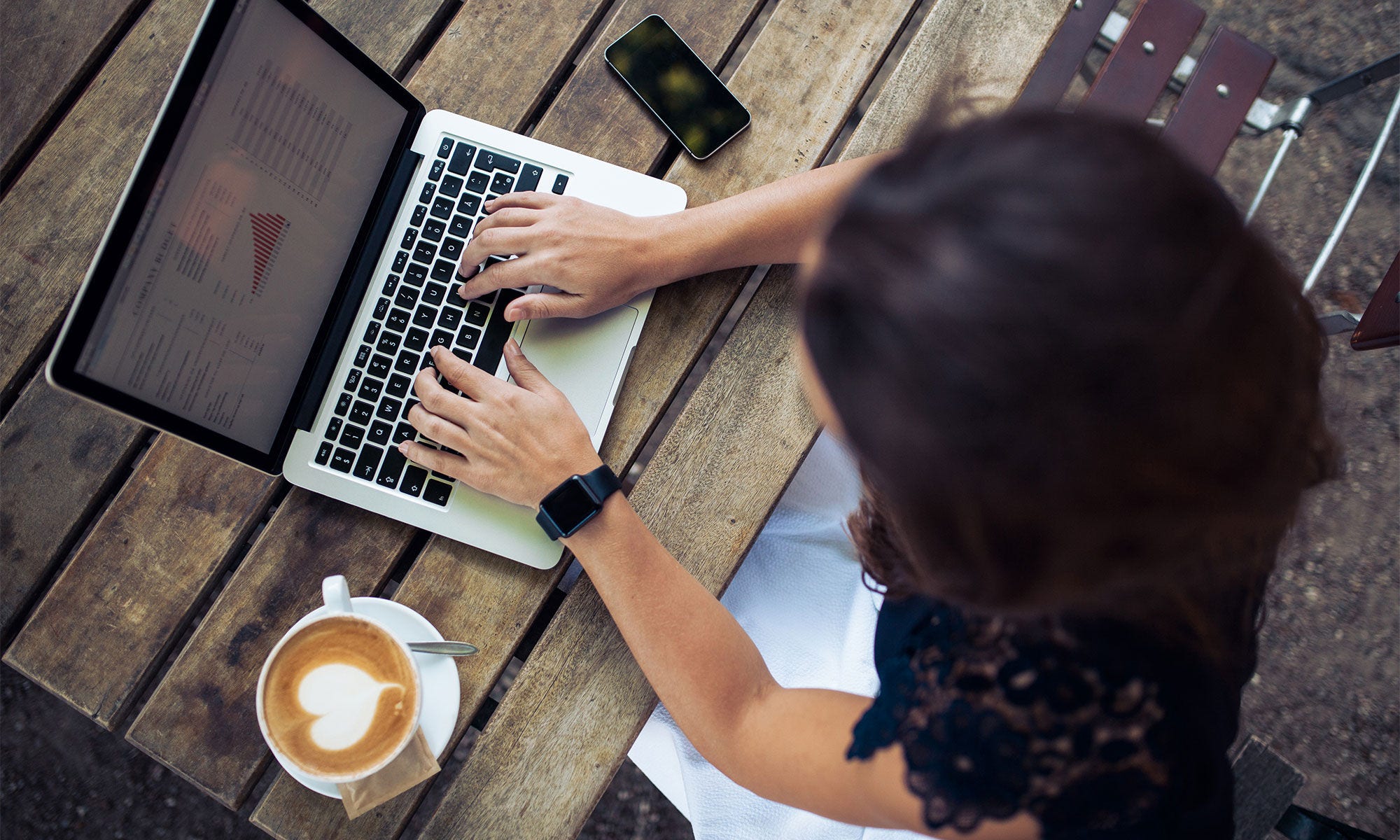 Woman using her laptop at a coffee shop.